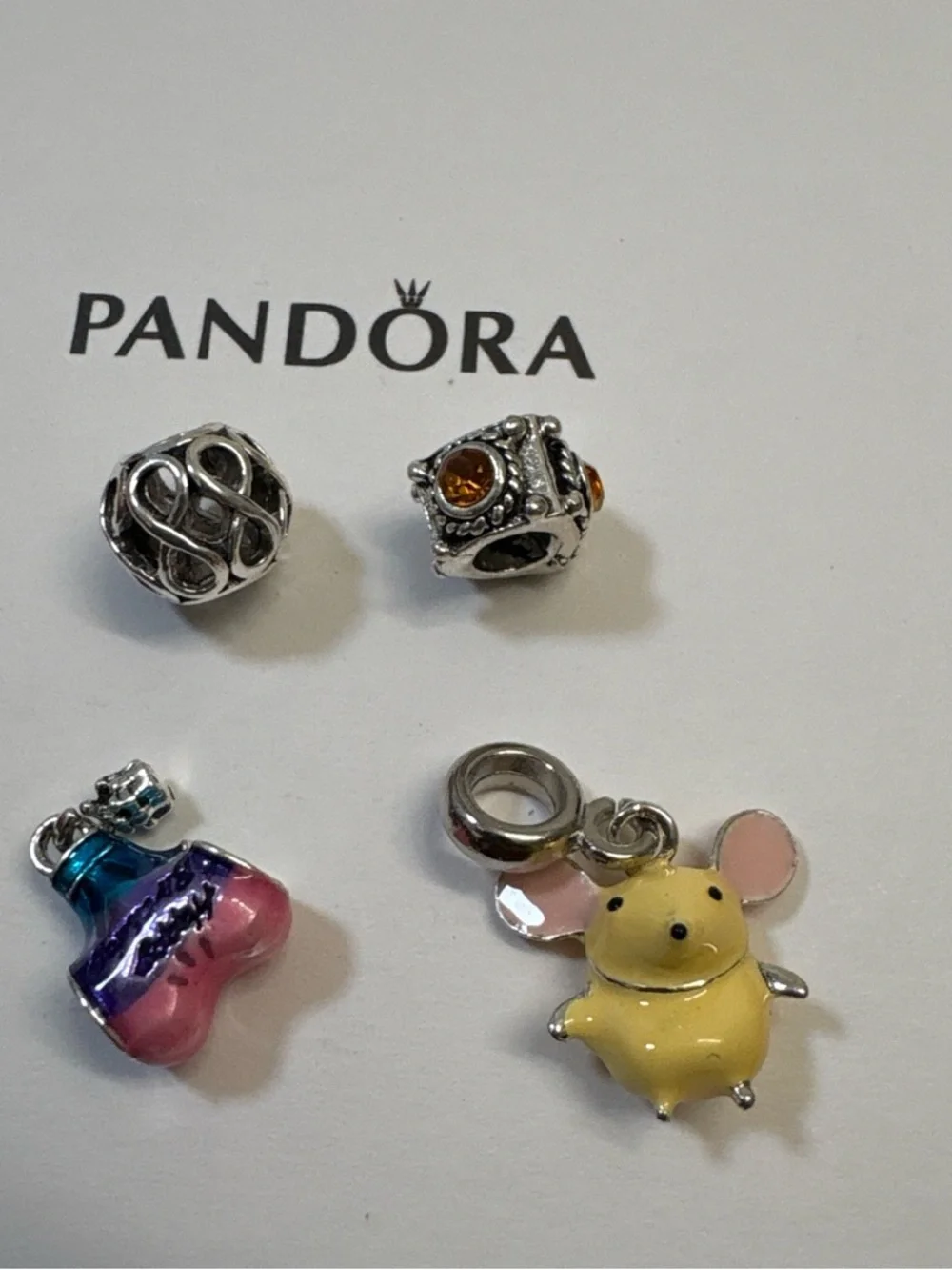 Pandora White Braided Bracelet with Yellow Mouse and Pink Shoe Charms - Picture 3 of 7